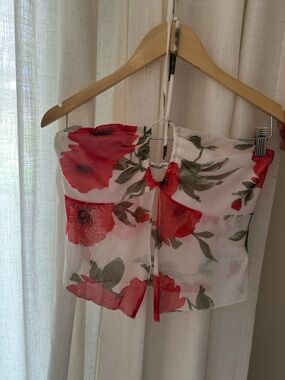 12th Tribe White Floral Mesh Strapless Tank with Red Poppy Print
